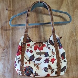 *Like New* Alfred Dunner Floral Fabric Shoulder Bag Cream Red Gray Faux Leather